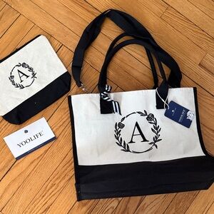 NWT monogrammed "A" embroidered tote bag set